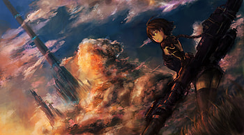 Young Gun, red eyes, girl, anime girl, anime, thighhighs, original, weapon, clouds, gun HD wallpaper