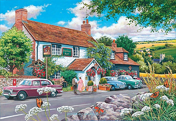 Traveller's Rest, house, cars, butterflies, artwork, painting, trees, flowers, vintage, countryside HD wallpaper