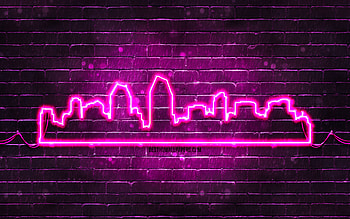 San Diego purple neon silhouette, , purple neon lights, San Diego skyline silhouette, purple brickwall, american cities, neon skyline silhouettes, USA, San Diego silhouette, San Diego HD wallpaper
