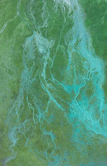 An aerial view showcasing abstract river-like patterns in a lush green landscape, emphasizing nature's artistry. HD phone wallpaper