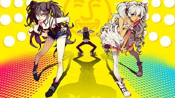 2 Girls, blue, shadow, colors, skirt, white, smiling, girl, black hair, white dress, boy, anime, nail polish, yellow, white hair, red, black skirt, face, girls HD wallpaper