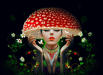 Poisonous, gorgeous, minidem, mushroom, frumusete, black, girl, hand, superb, fantasy, red, flower, face, luminos HD wallpaper