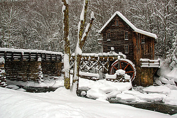 Glade Creek Gristmill, Babcock, WV, creek, snow, usa, mill HD wallpaper