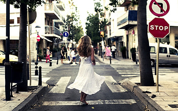 girl on city streets, street, girls, dress, city HD wallpaper