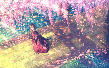 Sakura Rain, bounin, japanese, art, japan, spring, pink, orginal, sakura, cherry, blossom HD wallpaper