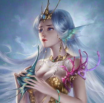 Mermaid, blue, frumusete, gorgeous, girl, hand, jewel, summer, superb, shell, instrument, pink, fantasy, sentient, siren, vara, earring HD wallpaper