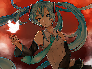 Hatsune Miku, blue, black, awesome, glowing, red sky, cute, vocaloid, beauty, nice, miku, vocaloids, butterfly, hatsune, skirt, white, blue eyes, twintail, blue hair, beautiful, shiny, tie, anime, pretty, red, cool, clouds, sky HD wallpaper