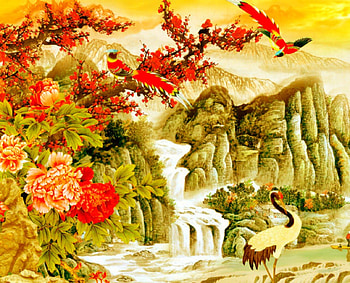 Beautiful painting, painting, art, animals, waterfalls, flowers HD wallpaper