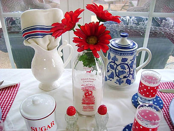 Tea in the sunroom, cups, pitcher, window, sugar bowl, blue and white teapot, red flowers, bottle HD wallpaper