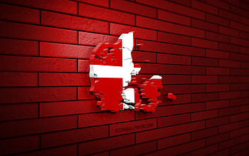 Denmark map, , red brickwall, European countries, Denmark map silhouette, Denmark flag, Europe, Danish map, Danish flag, Denmark, flag of Denmark, Danish 3D map HD wallpaper