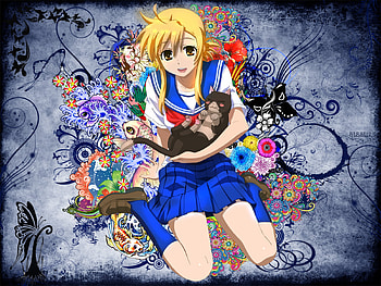 Girl with cat, kitten, animal, kitty, cute, long hair, abstract, flower, blonde hair, fish, female, sexy, yellow eye, hot, girl, cat, uniform school uniform, anime girl, anime HD wallpaper