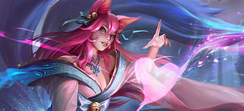 Ahri, blue, pink, fantasy, wu guan, lol, fox, nine tails HD wallpaper