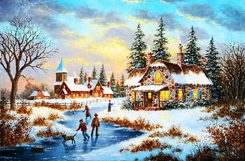 A Mid-Winter's Eve, sky, church, ice, skating, houses, painting, snow, trees, clouds HD wallpaper