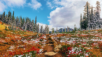 First Snow In The North Cascades, Washington, sky, rocks, stones, usa, fall, landscape, colors, autumn, clouds, trees HD wallpaper
