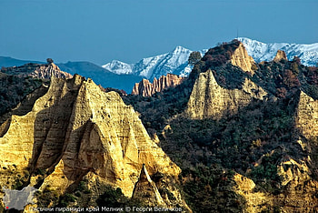 Melnik sand pyraminds, graaphy, sand, bulgaria, trees, sky, mountain HD wallpaper