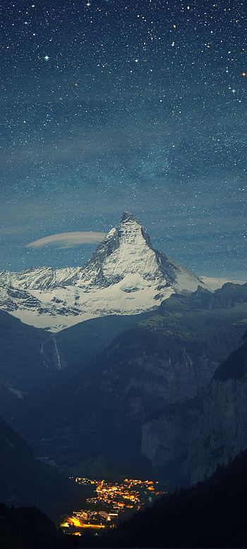 Valley Town at Night, Switzerland, peak, starry sky, mountain, graphy, landscape HD phone wallpaper