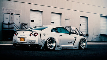 nissan gt-r r35 liberty walk white low japan sport car rear HD wallpaper