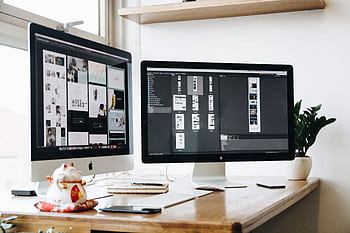 Stylish office workspace featuring dual monitors, a keyboard, notebooks, and decorative plant. HD wallpaper