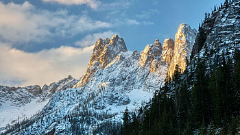 Morning at North Cascades, Washington, usa, peaks, snow, trees, landscape, clouds, sky HD wallpaper
