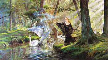 Black swan, art, bird, jon sullivan, girl, lebada, summer, fantasy, luminos, swan, pasari, water, mercedes lackey, vara HD wallpaper