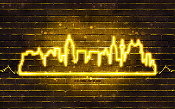 San Antonio yellow neon silhouette, , yellow neon lights, San Antonio skyline silhouette, yellow brickwall, american cities, neon skyline silhouettes, USA, San Antonio silhouette, San Antonio HD wallpaper