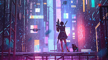 Girl With Dog In Cyber City , cyberpunk, neon, artist, artwork, digital-art HD wallpaper