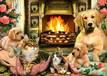 By Howard Robinson, dog, kitten, animal, art, howard robinson, fireplace, cat, puppy, painting, flower, home HD wallpaper