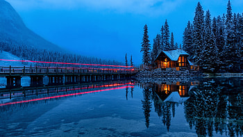 Landscape View Of House With Lights Bridge Trees Mountains Background With Fog Reflection On Water graphy graphy HD wallpaper