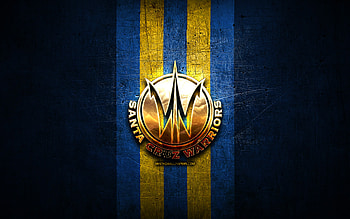 Santa Cruz Warriors, golden logo, NBA G League, blue metal background, american basketball team, Santa Cruz Warriors logo, basketball, USA HD wallpaper