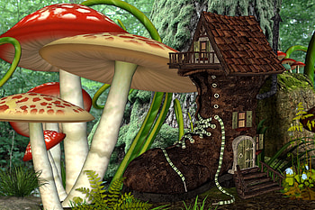 Fairie's World, colors, plants, mushrooms, hut HD wallpaper