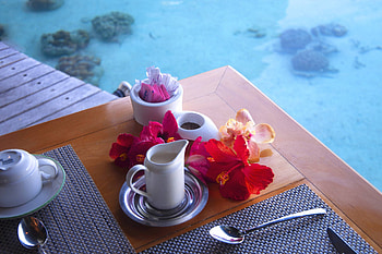 Breakfast Bora Bora, island, blue, tropical, tahiti, eat, water, islands, hibiscus, ocean, sea, exotic, paradise, food, lagoon, breakfast, flowers, bora bora, polynesia HD wallpaper