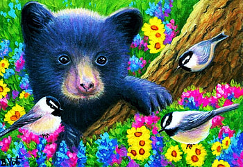 Little Bear's Summer Friends, flowers, birds, blossoms, chickadees, artwork, painting HD wallpaper
