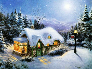 Christmas Cottage, artwork, winter, painting, moon, house, snow, trees, mountains HD wallpaper
