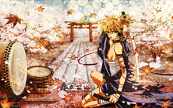 Kagamine Len, sunray, sword, len, fall, japan town, miku hatsune, kagamine, vocaloids, hair yellow, light, leaf, male HD wallpaper