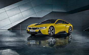 Frozen Yellow, white, sleek, black, i8, German, Sports Car, Sedan, studio, BMW, reflection, yellow, 2017, Luxury, good composition, water, sporty HD wallpaper