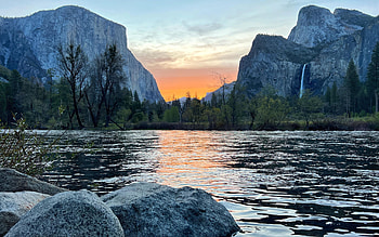 Yosemite Valley View At Sunrise, mersed river, clouds, trees, sky, mountains, rocks, usa HD wallpaper