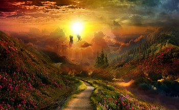 Sunset on Flower Road, awesome, colors, grasslands, nice, twilight, wildflowers, petals, foggy, bright, trees, white, woods, grass, panorama, multicolor, dawn, leaves, light, green, smoke, fields, beautiful day, nature, trunks, black, graphy, dusk, gold, beauty, day, roots, abstract, illuminated, stems, path, pink, wood, yellow, horizon, plants, lightness, , lighted, spring, sunrise, vegetation, trail, cypresses, fog, meadows, maroon, beije, art, sunsets, landscape, view, leaf, , grove, colorful, glare, blue, natural, ambar, , pines, brown, autumn, , amazing, road, sun, golden, pathway, smoky, amber, pistils, beautiful, orange, seasons, , way, artwork, hop, red, cool, clouds, branches, sky, flowers HD wallpaper
