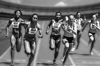 Female athletes in a high-stakes track race showcasing physical prowess and competition. HD wallpaper