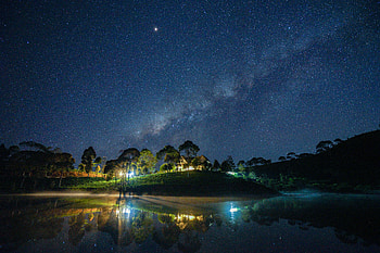 Nature, Lake, Shine, Light, Starry Sky, Milky Way, Small House, Lodge HD wallpaper