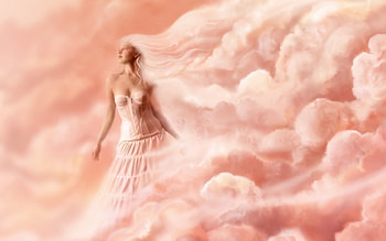 among the clouds, long hair, cloud queen, cloud hair, dress, wind, pink, pretty, clouds, women, sky HD wallpaper