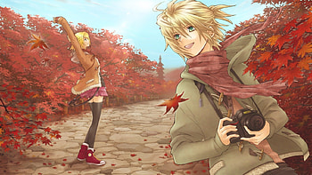 ~Autumn Fun~, leaves, anime, len and rin kagamine, camera, fall, siblings, autumn, vocaloid HD wallpaper