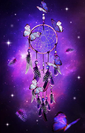dream catcher with butterflies & purple background HD phone wallpaper