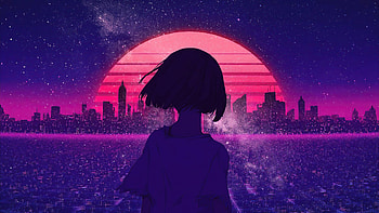 Girl, short hair, silhouette, cityscape, synthwave HD wallpaper
