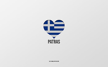 I Love Patras, Greek cities, Day of Patras, gray background, Patras, Greece, Greek flag heart, favorite cities, Love Patras HD wallpaper