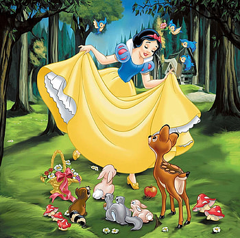 Snow White, girl, princess, yellow, animal, fantasy, disney HD wallpaper