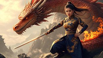 asian, girl, dragon, sword HD wallpaper
