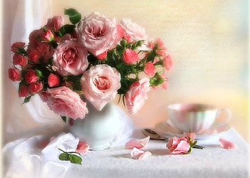 Still life, tea, roses, vase, beautiful, cup, pink, petals, nature, flowers HD wallpaper
