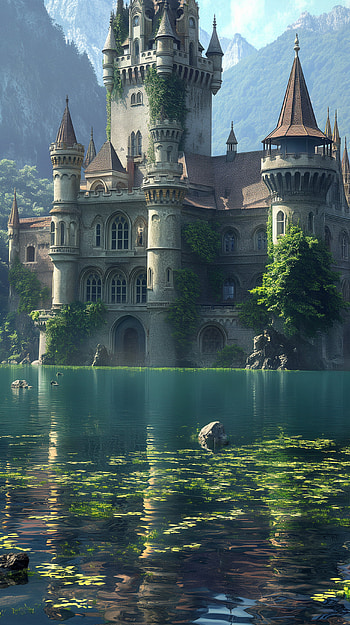 Enchanted Ivy-Covered Castle by the Lake, castle HD phone wallpaper