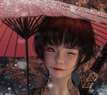 Girl, asian, wlop, fantasy, art, red, parasol, face HD wallpaper