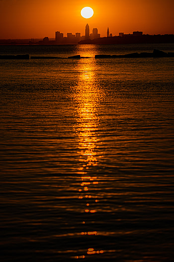 Sunset, Sea, City, Horizon, Dark HD phone wallpaper